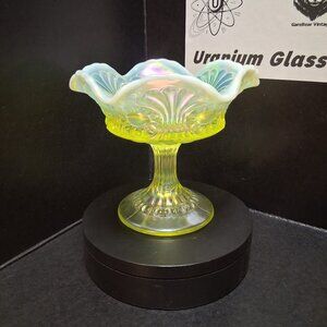 VTG Fenton Topaz Opalescent Uranium Glass Compote - Eye and Scroll
